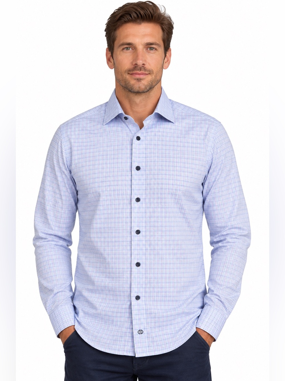 David Donahue Light Blue Checked Dress Shirt